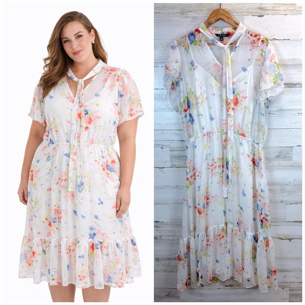 Lauren Ralph Lauren Floral Chiffon Midi Dress 14 Cottagecore Romantic Spring